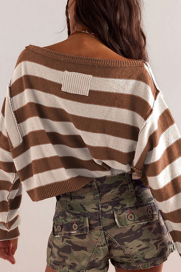 Striped Print Crew Neck Long Sleeve Loose Knitted Sweater-consonak