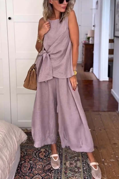 So Comfortable Linen Blend Knotted Top and Elastic Waist Pocket Wide Leg Pants Set