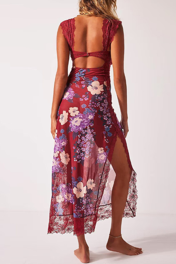 Floral Print Lace Patchwork Hollow-out Slim-fit Midi Dress-consonak