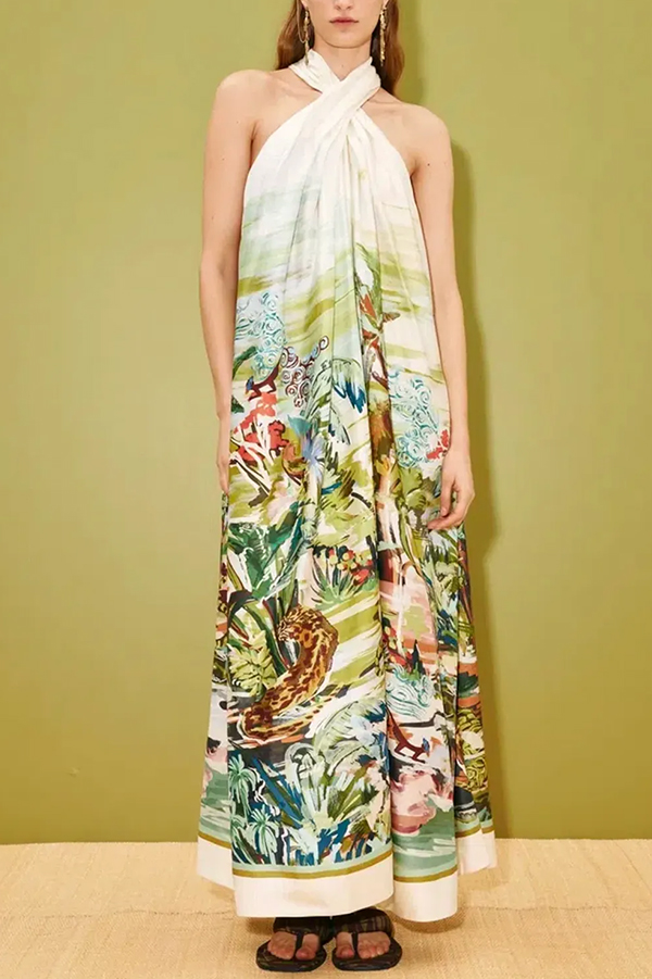Tropical Eden Halter Neck Backless Maxi Dress | Consonak
