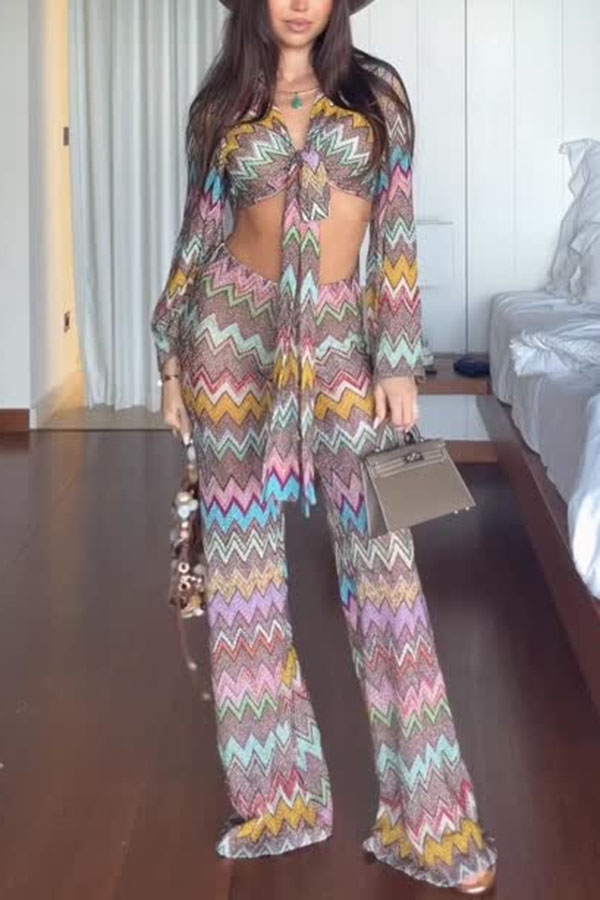St.Tropez Moment Knit Colorful Zigzag Pattern Bell Sleeve Tie-up Crop Top and Stretch Flare Pants Set