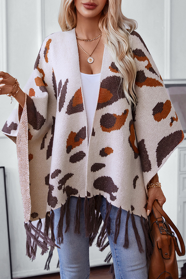 Fashionable Leopard Print Contrast Tassel Hem Loose Knitted Shawl-consonak