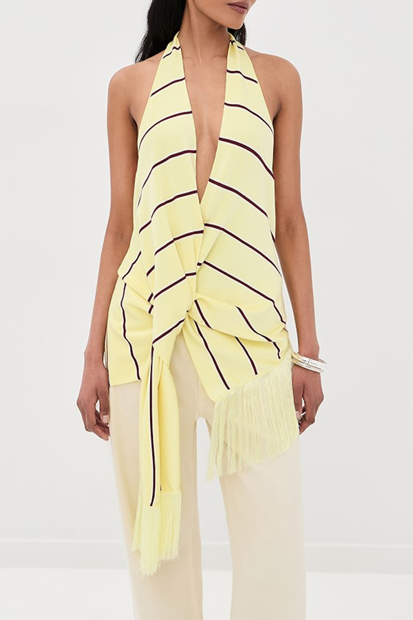 Laine Striped Print V-neck Fringed Hem Twist Drape Halter Tank-consonak