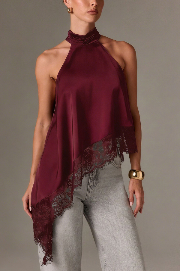 Solid Color Satin Sleeveless Lace Hem Loose Top