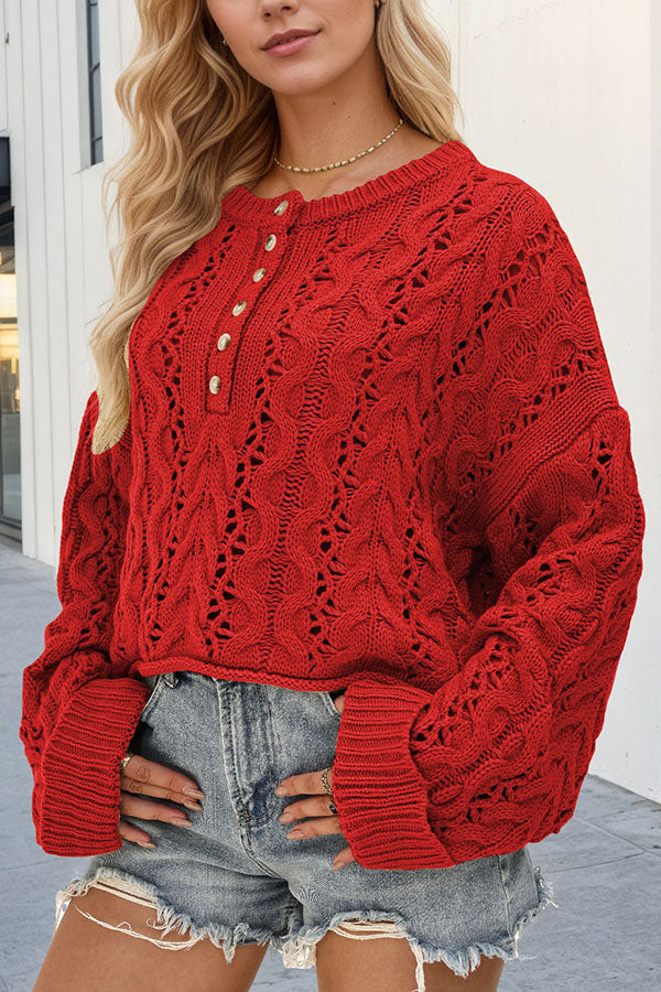 Solid Color Loose Long-sleeved Openwork Cable Knit Sweater-consonak