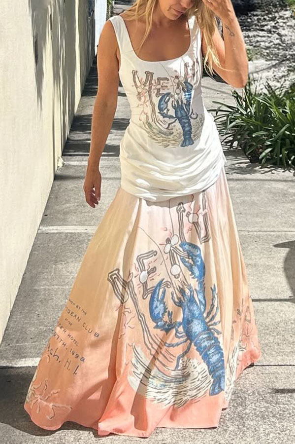 Jino Unique Lobster Print Square Neck Ruched Drape Hip Maxi Dress