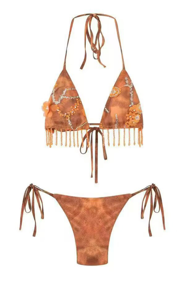 Fashionable Tassel Pendant Halter Neck Tie Two-piece Stretch Bikini Sw