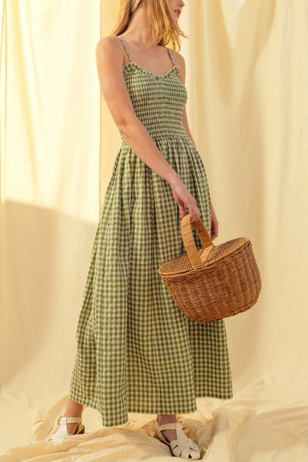 Stylish Plaid Print Spaghetti Strap Ruched Casual Pocket Maxi Dress | Consonak