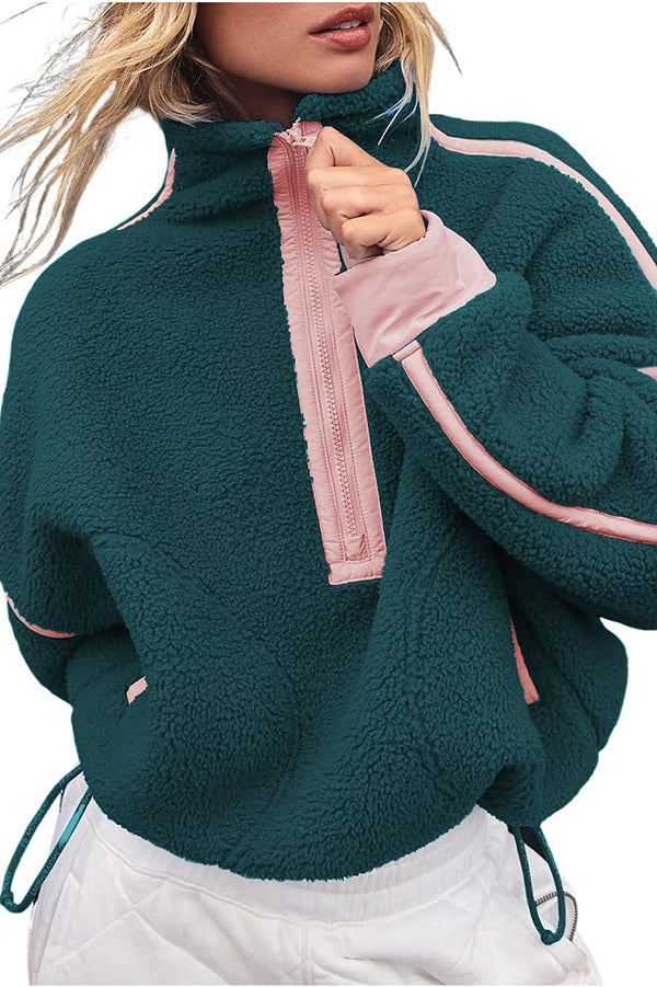 Stylish Color-blocked Trim Loose Casual Pocket Sweatshirt-consonak