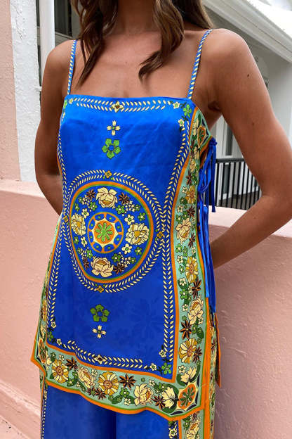 Nara Satin Unique Print Side Lace-up Tank and Elastic Waist Pocketed Wide Leg Pants Set-consonak