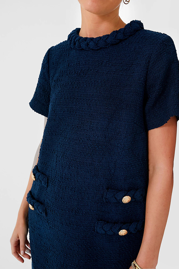 Confident and Chic Tweed Fabric Braided Trim Vintage Button Shift Mini Dress-consonak