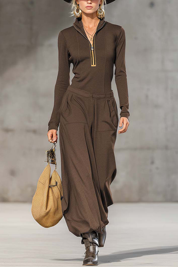 Solid Color Zip-up Long-sleeved Top and Casual Pocket Wide-leg Pants Set-consonak