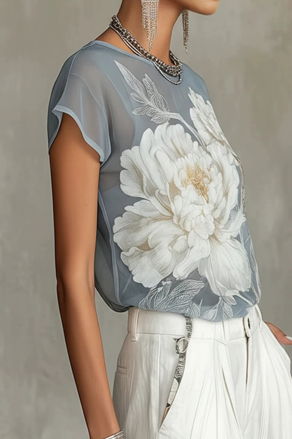 Peony Print Round Neck Chiffon Blouse | Consonak