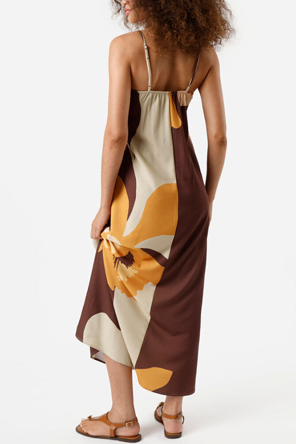 Light Breeze Color-block Floral Print Adjustable Strap H-line Midi Dress-consonak