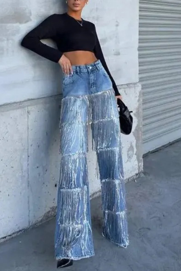 Stylish High-waisted Pocket Tassel Casual Straight Leg Jeans-consonak