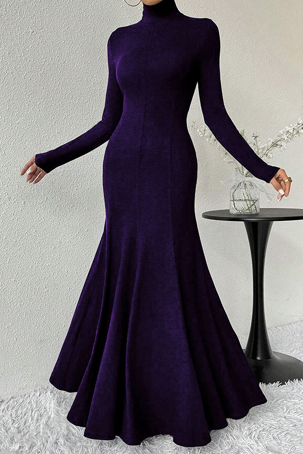 Solid Color High-neck Long-sleeved Slim-fit Fishtail Elegant Maxi Dress-consonak