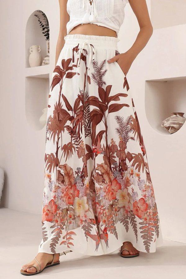 Leaf Print Casual Elastic Waist Pocket Loose Wide-leg Pants-consonak