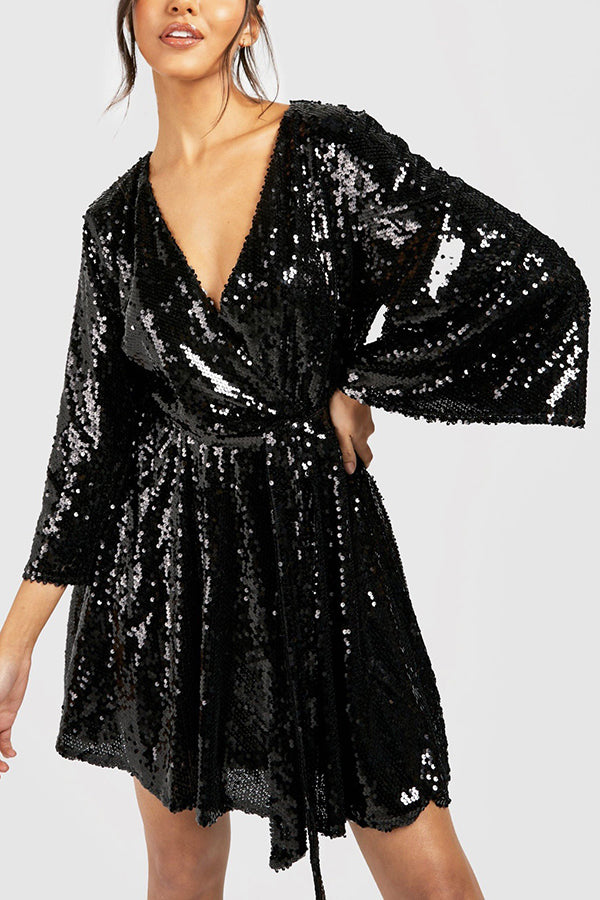 Solid Color Loose Sequined V-neck Tie Mini Dress-consonak