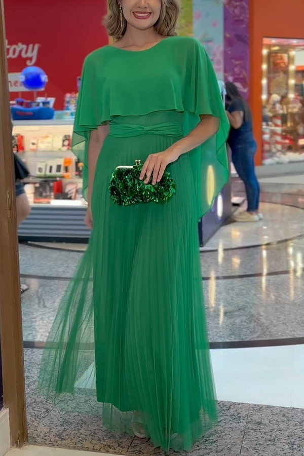 Ready for Holiday Cape Sleeve Tie-up Pleated Maxi Dress-consonak