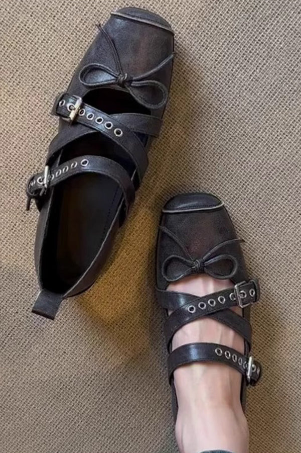 Bow Cross Strap Square Toe Ballet Flats-consonak