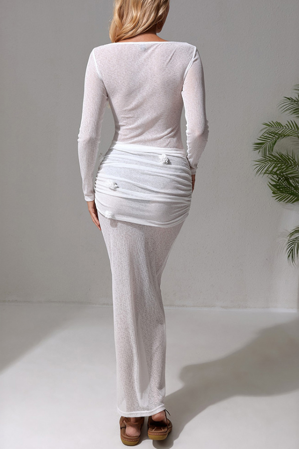 Solid Color 3D Floral Long-sleeved Top and Holiday Slim-fit Beach Maxi Skirt Cover-up Set-consonak