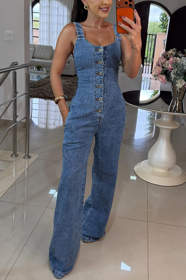 Heidi Denim Square Neck Button Back Smocked Pocket Flare Stretch Jumpsuit | Consonak