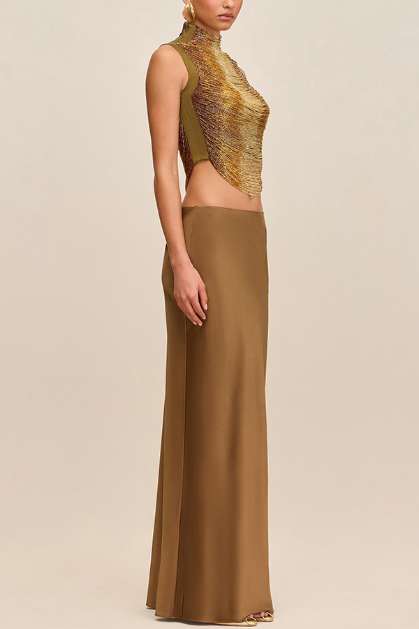 Keep Polished Satin High Rise Bias Cut Drape Maxi Skirt