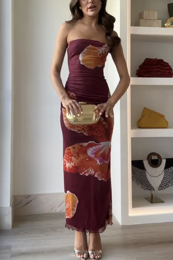 Oh So Sunny Mesh Floral Print Bandeau Stretch Maxi Dress-consonak