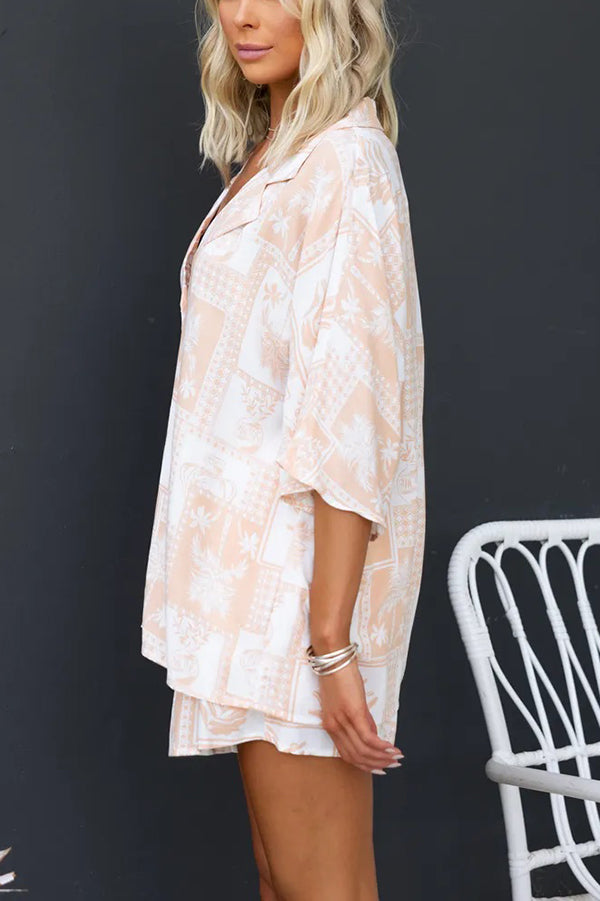 Viva La Travel Unique Print Loose Button Shirt and Elastic Waist Shorts Set-consonak