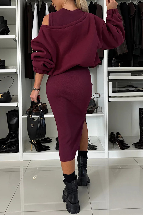 Lifestyle Wide Neck Relaxed Sweatshirt and Ribbed Tank Stretch Midi Dress Set-consonak