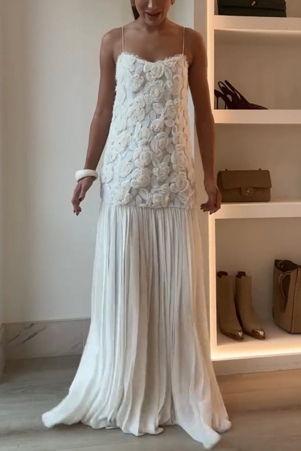 Indulge in Floral Applique Pleated Chiffon Hem Slip Maxi Dress-consonak