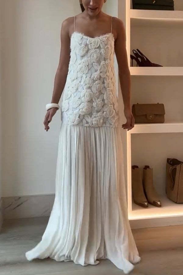 Indulge in Floral Applique Pleated Chiffon Hem Slip Maxi Dress-consonak