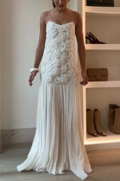 Indulge in Floral Applique Pleated Chiffon Hem Slip Maxi Dress-consonak