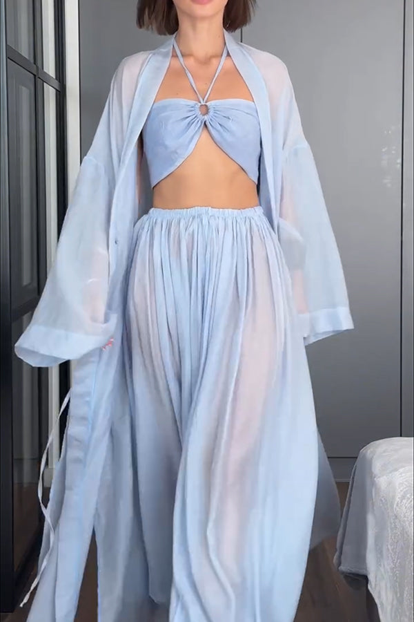 Flowy Linen Blend Halter Tank & Elastic Waist Tie-up Wide Leg Pants & Kimono Cover-Ups 3pieces Set