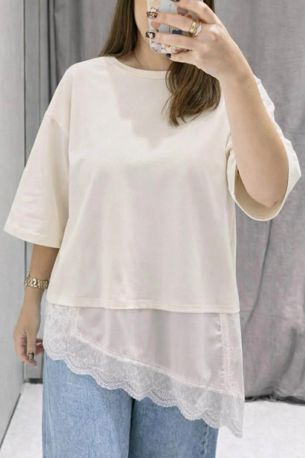 Stylish Round Neck Short-sleeved Patchwork Lace Hem Loose T-shirt-consonak