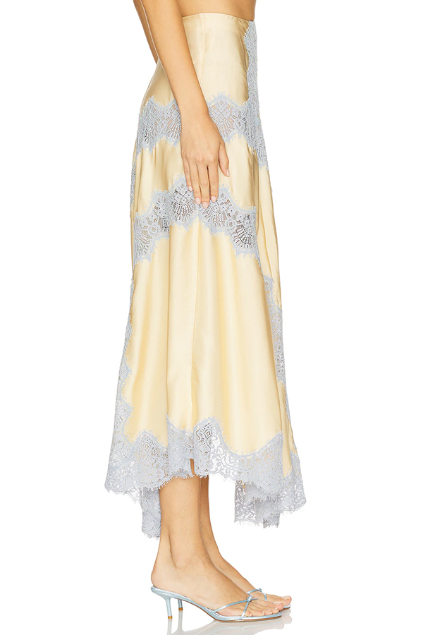 Wine Tasting Contrast Color Satin Lace Trim Irregular Hem Drape Midi Skirt | Consonak