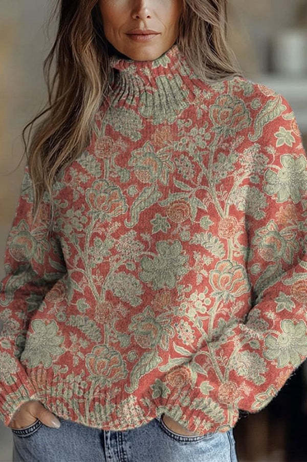 Floral Pattern High-Neck Long-Sleeved Loose Sweatshirt-consonak