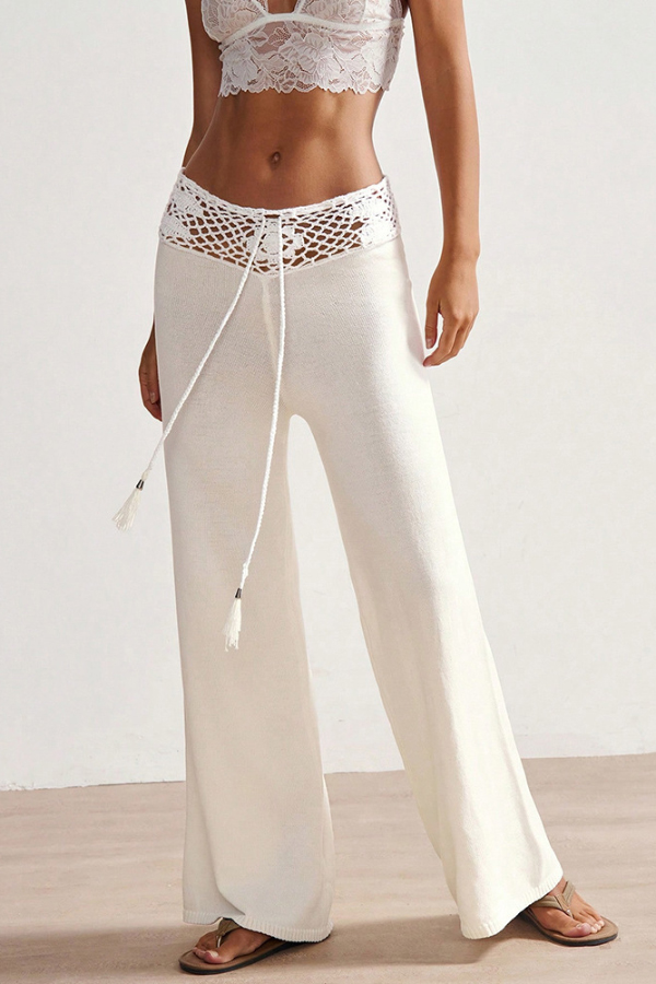Solid Color Openwork Waist Tie Casual Knit Straight Leg Pants-consonak