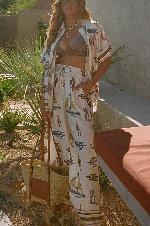 Sail Away Satin Unique Nautical Motifs Print Elastic Waist Pocketed Wide Leg Pants-consonak