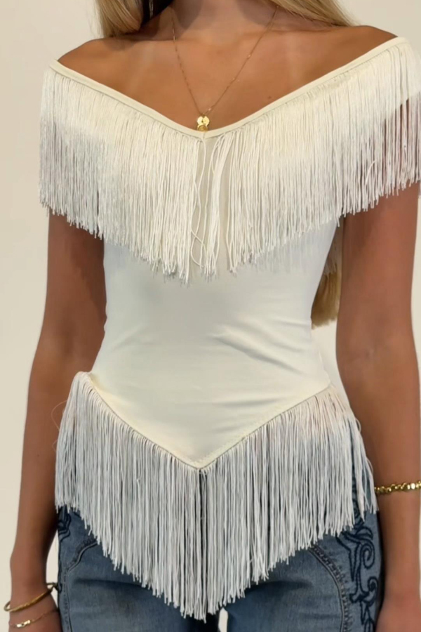 Solid Color V-neck Off-shoulder Tassel Fitted Top | Consonak