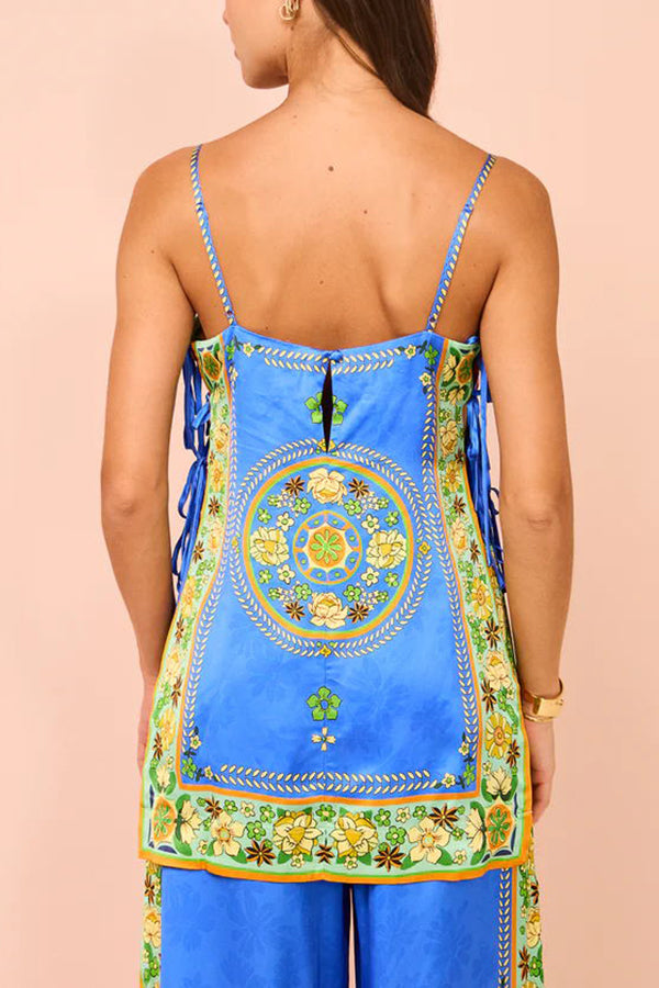 Nara Satin Unique Print Side Lace-up Tank and Elastic Waist Pocketed Wide Leg Pants Set-consonak
