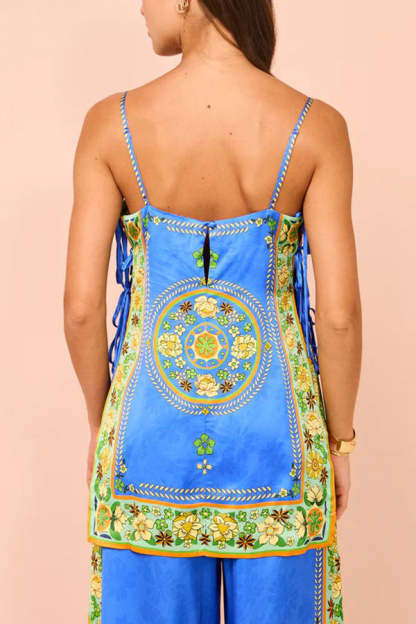 Nara Satin Unique Print Side Lace-up Tank and Elastic Waist Pocketed Wide Leg Pants Set-consonak