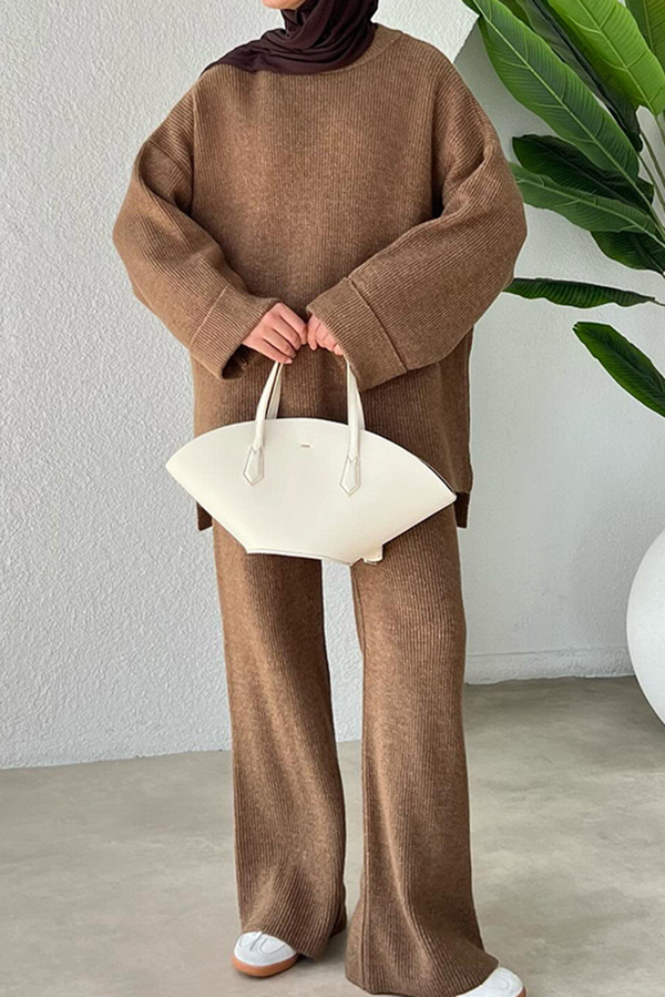 Solid Color Loose Long-sleeved Knit Top and Elastic Waist Casual Straight Leg Pants Set-consonak