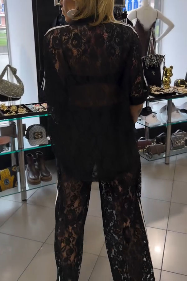 Mix Fashion Lace Striped Trim Short Sleeve Button Shirt and Elastic Waist Pocket Loose Pants Set