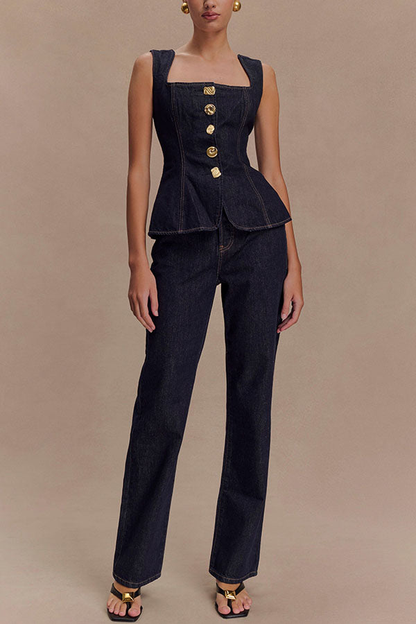 Stassi Denim High Waist Pocketed Straight Leg Jeans-consonak