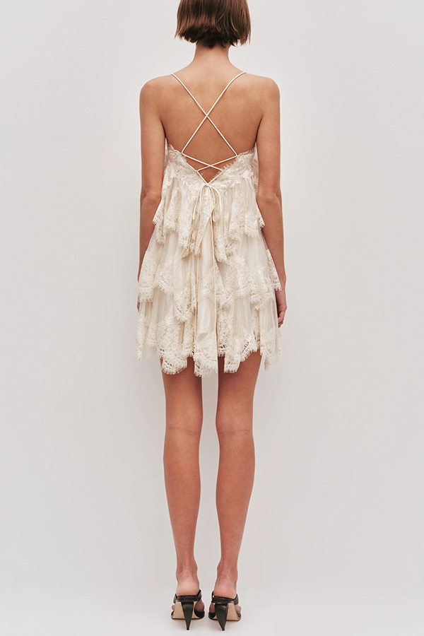 Ophelia Layered Lace Trim Tiers Adjustable Straps Backless A-line Mini Dress | Consonak