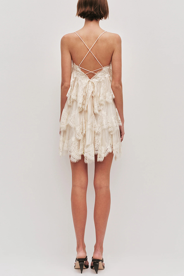 Ophelia Layered Lace Trim Tiers Adjustable Straps Backless A-line Mini Dress