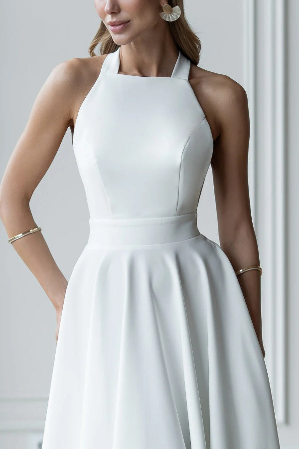 Solid Color Halter Neck Bow Tie Elegant Waist-cinching Midi Dress | Consonak
