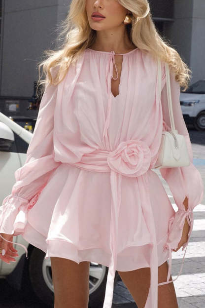 Solid Color Long Sleeve V-Neck Lace-Up Elegant Flower Decorated Mini Dress-consonak