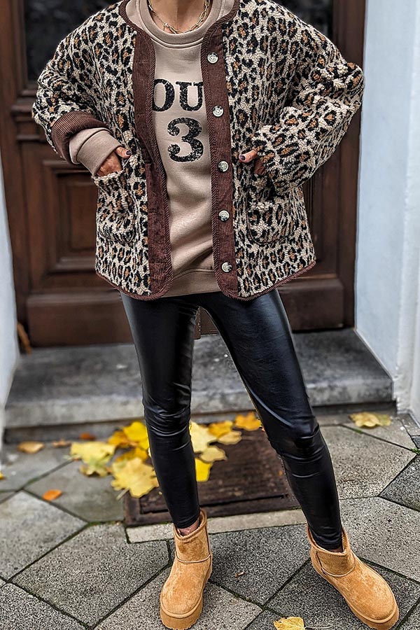 Warm Feel Colorblock Leopard Print Plush Button Up Pocketed Teddy Jacket-consonak